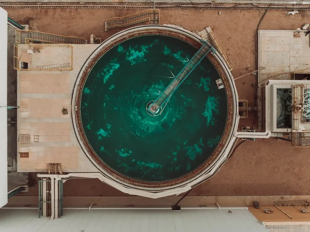 Illustrative aerial view of a water-treatment plant
